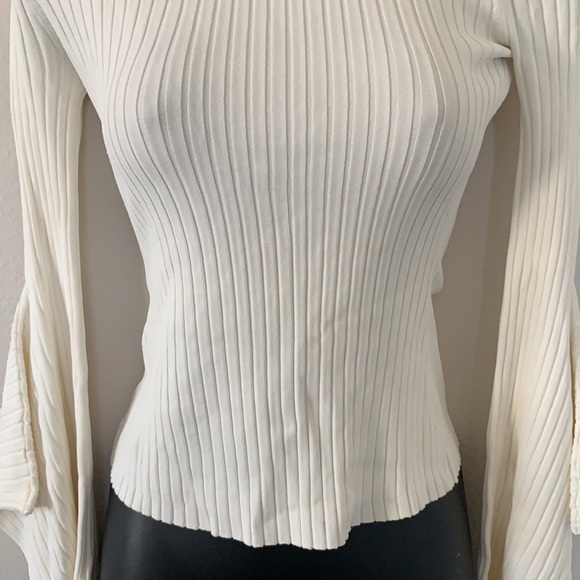 BCBG MaxAzria Gardenia Cream Stevie Ribbed Off The Shoulder Bell Sleeve Sweater - Picture 9 of 13